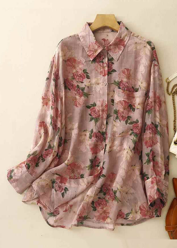 Loose Pink Peter Pan Collar Print Pockets Linen Shirt Spring