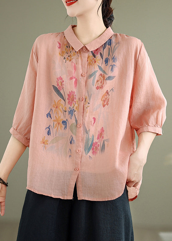 Loose Pink Print Button Linen Blouses Half Sleeve