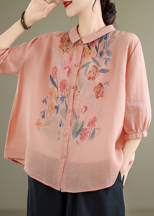 Loose Pink Print Button Linen Blouses Half Sleeve