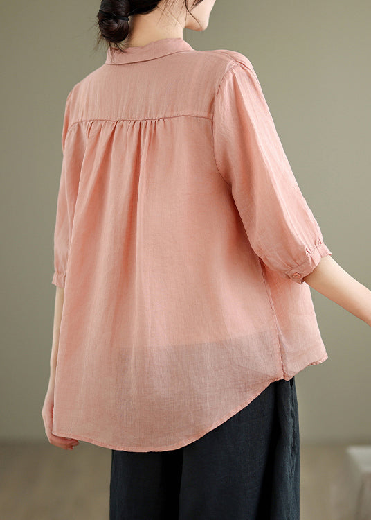 Loose Pink Print Button Linen Blouses Half Sleeve