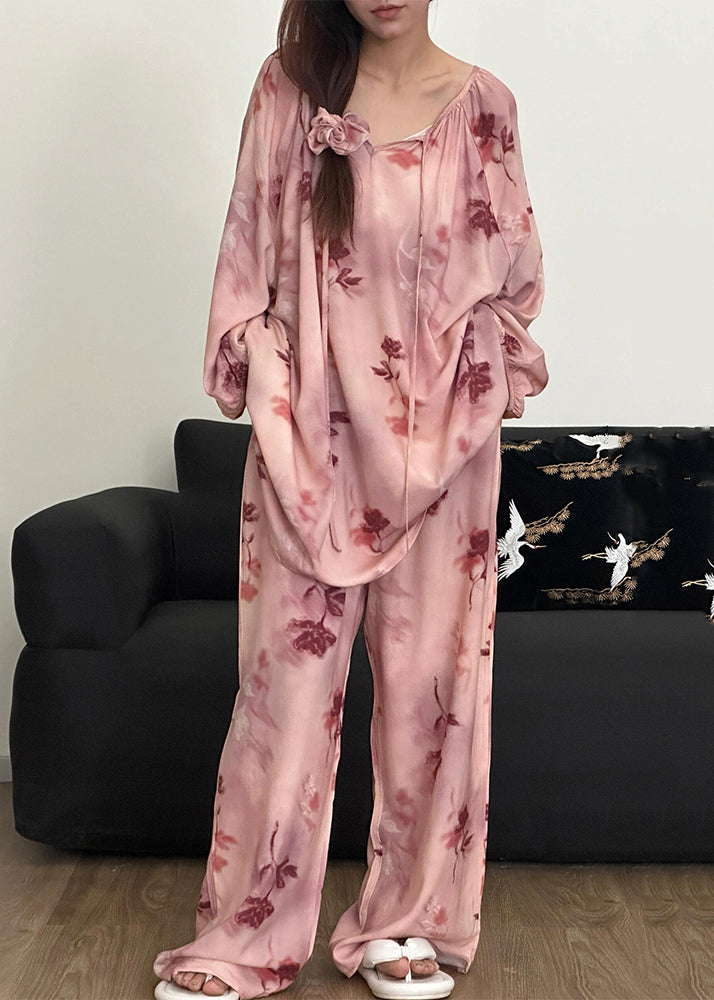 Loose Pink Print Lace Up Cotton Pajamas Two Piece Set Fall