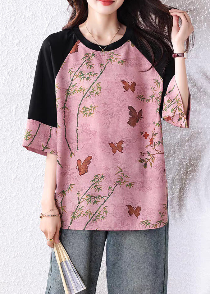 Loose Pink Print Patchwork Cotton T Shirt Bracelet Sleeve