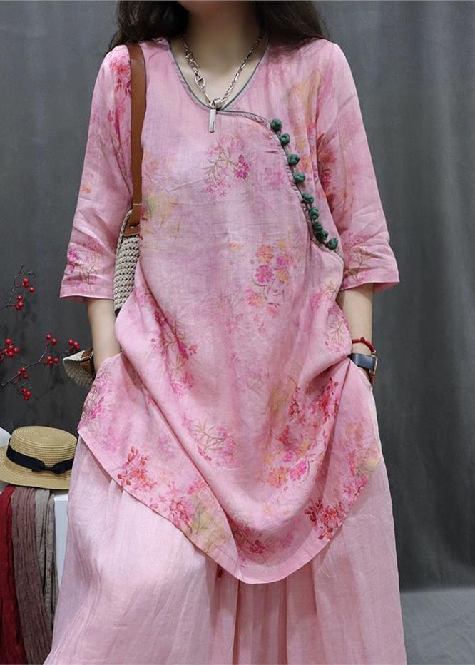 Loose Pink Print Side Open Linen Blouse Half Sleeve
