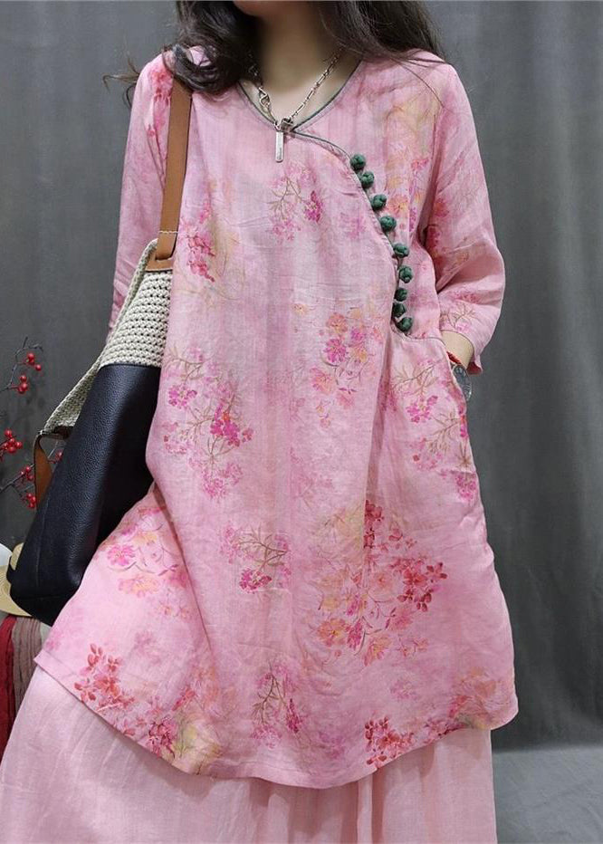 Loose Pink Print Side Open Linen Blouse Half Sleeve