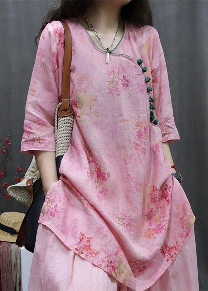 Loose Pink Print Side Open Linen Blouse Half Sleeve