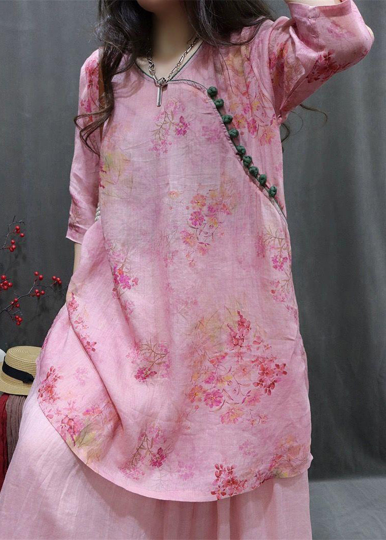 Loose Pink Print Side Open Linen Blouse Half Sleeve