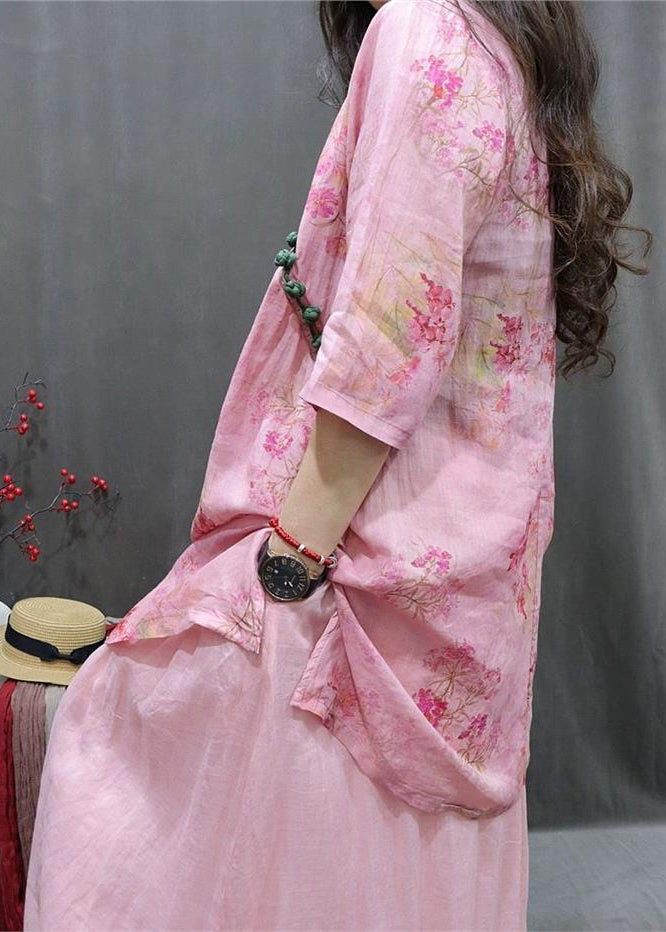 Loose Pink Print Side Open Linen Blouse Half Sleeve