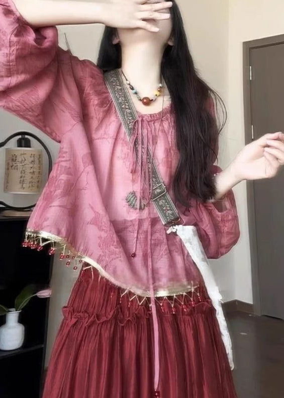 Loose Pink Tasseled Lace Up Cotton Shirt Fall