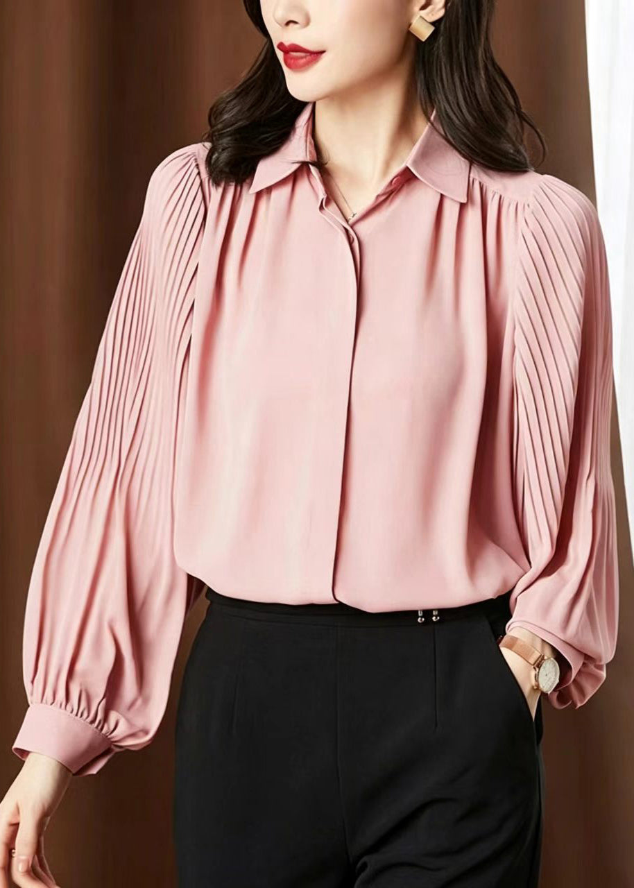 Loose Pink Turn-Down Collar Wrinkled Chiffon Shirt Top Lantern Sleeve