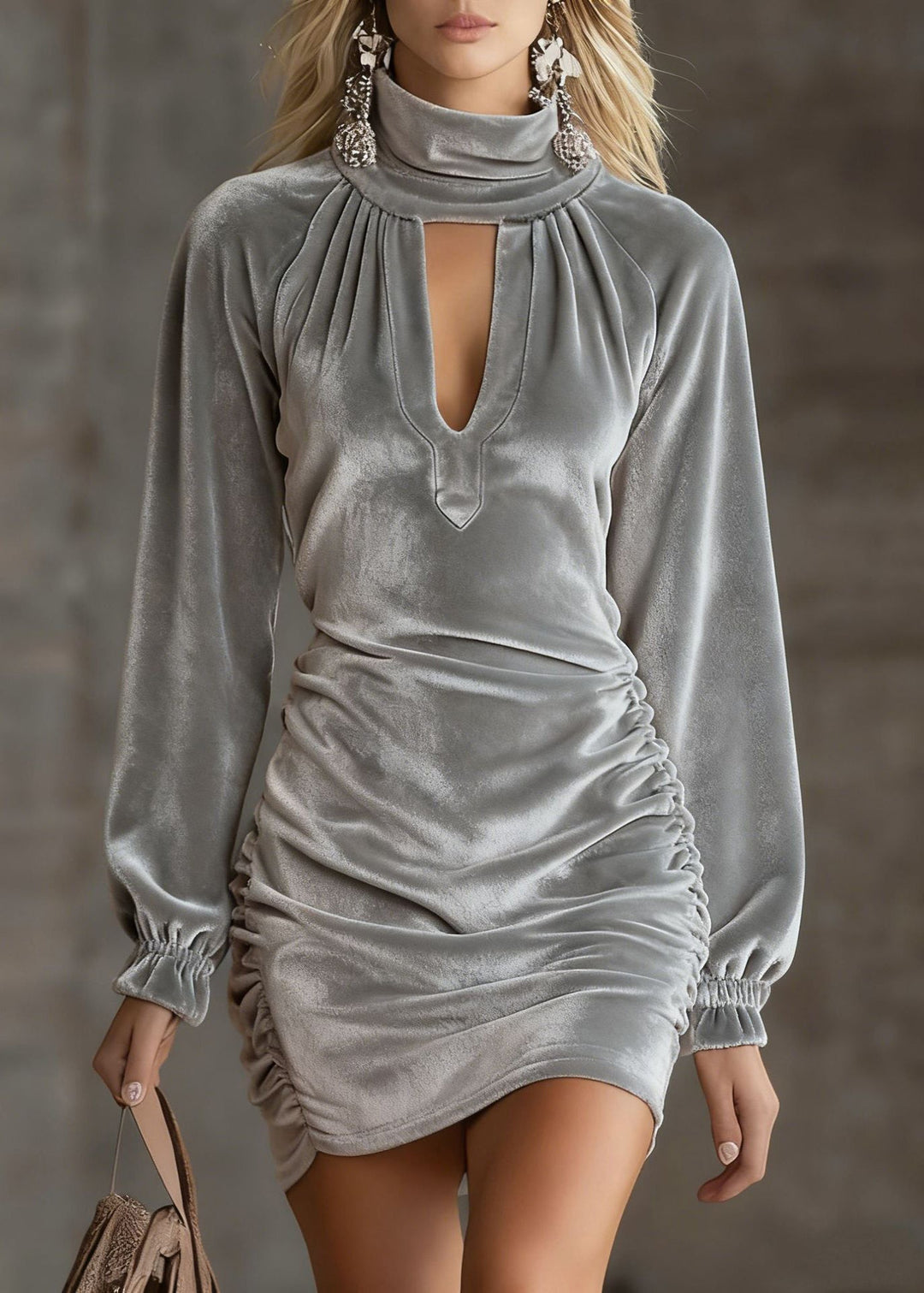 Loose Pink Turtleneck Wrinkled Hollow Out Silk Velvet Mid Dress Spring