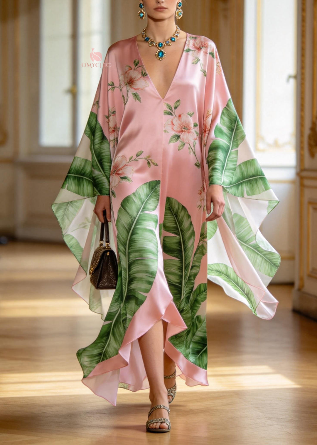 Loose Pink V Neck Asymmetrical Design Print Chiffon Dresses Summer