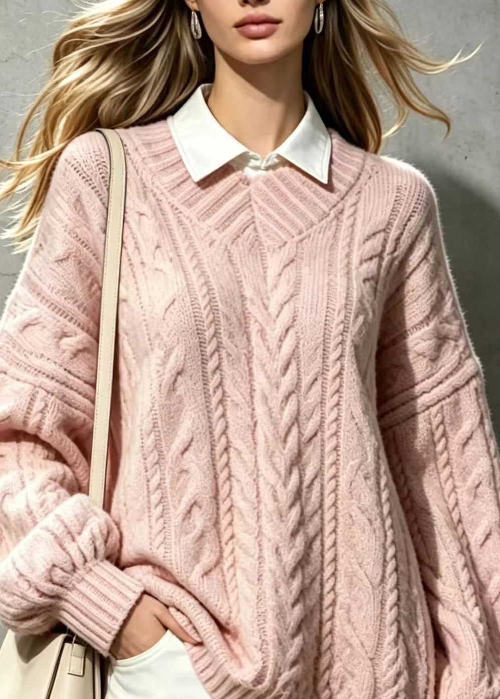 Loose Pink V Neck Cable Knit Sweater Tops Fall