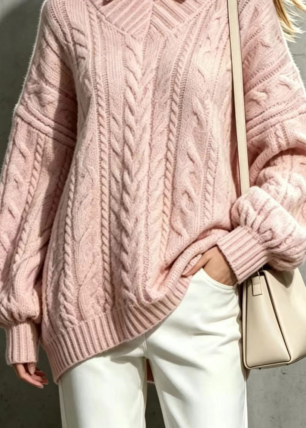 Loose Pink V Neck Cable Knit Sweater Tops Fall