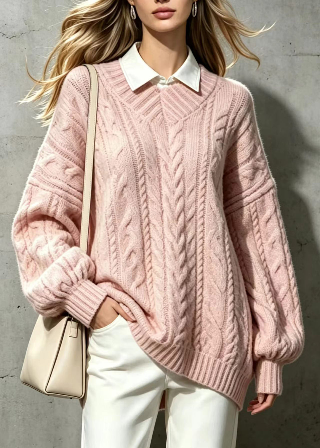 Loose Pink V Neck Cable Knit Sweater Tops Fall