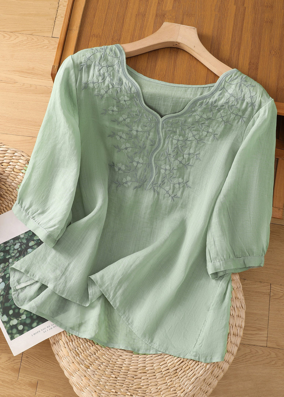 Loose Pink V Neck Embroidered Cotton Blouses Half Sleeve