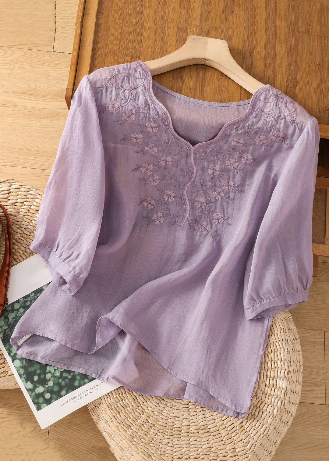 Loose Pink V Neck Embroidered Cotton Blouses Half Sleeve