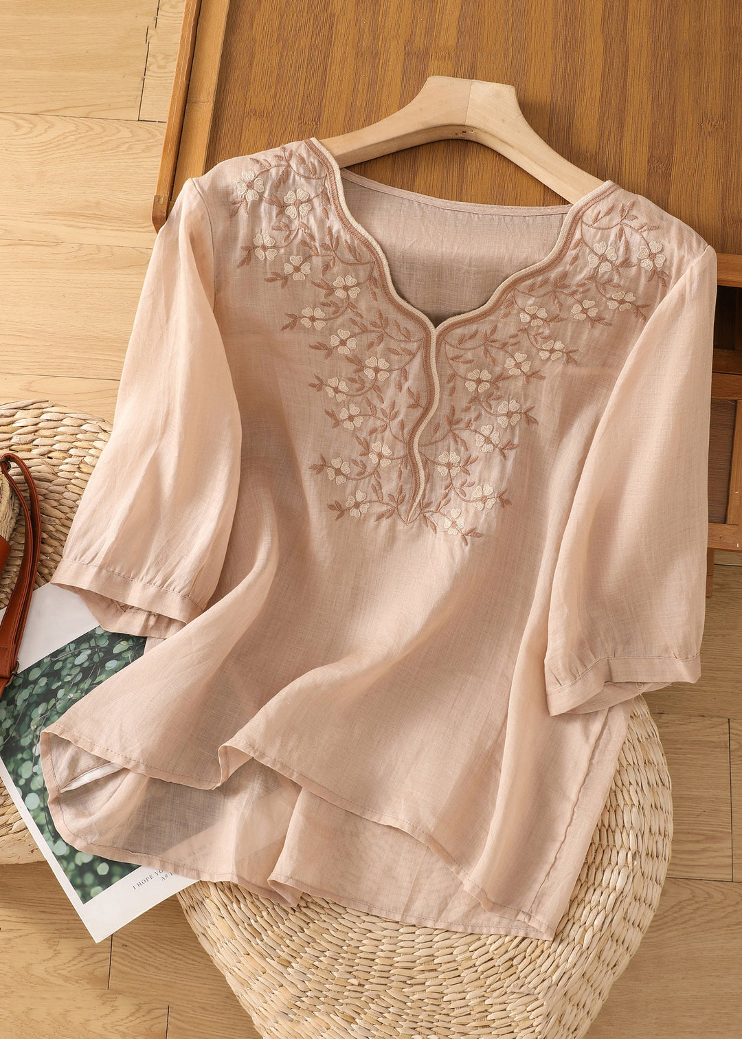 Loose Pink V Neck Embroidered Cotton Blouses Half Sleeve