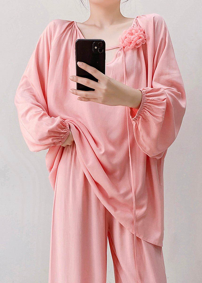 Loose Pink V Neck Floral Cotton Pajamas Two Piece Set Fall