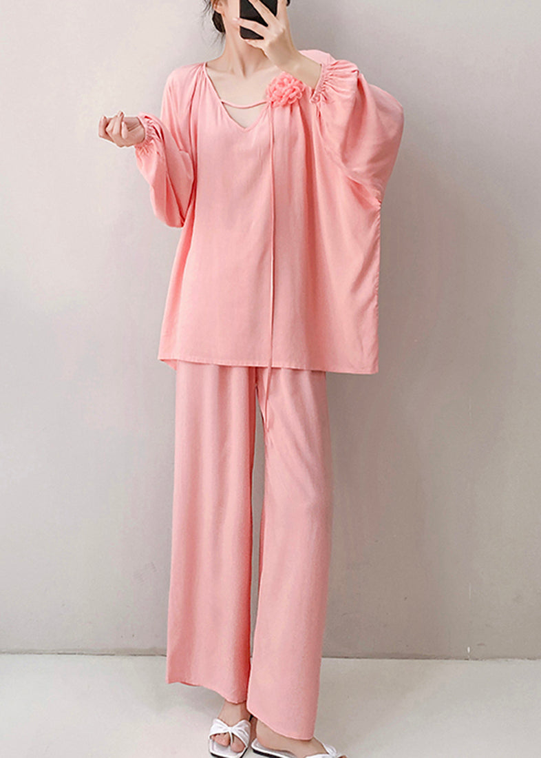 Loose Pink V Neck Floral Cotton Pajamas Two Piece Set Fall