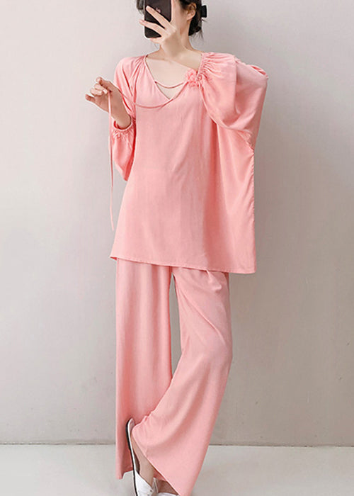 Loose Pink V Neck Floral Cotton Pajamas Two Piece Set Fall
