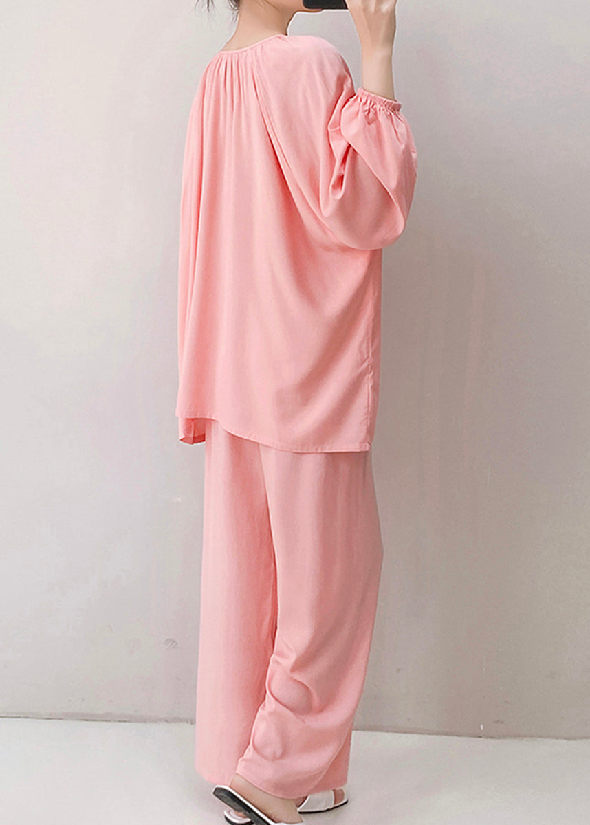Loose Pink V Neck Floral Cotton Pajamas Two Piece Set Fall