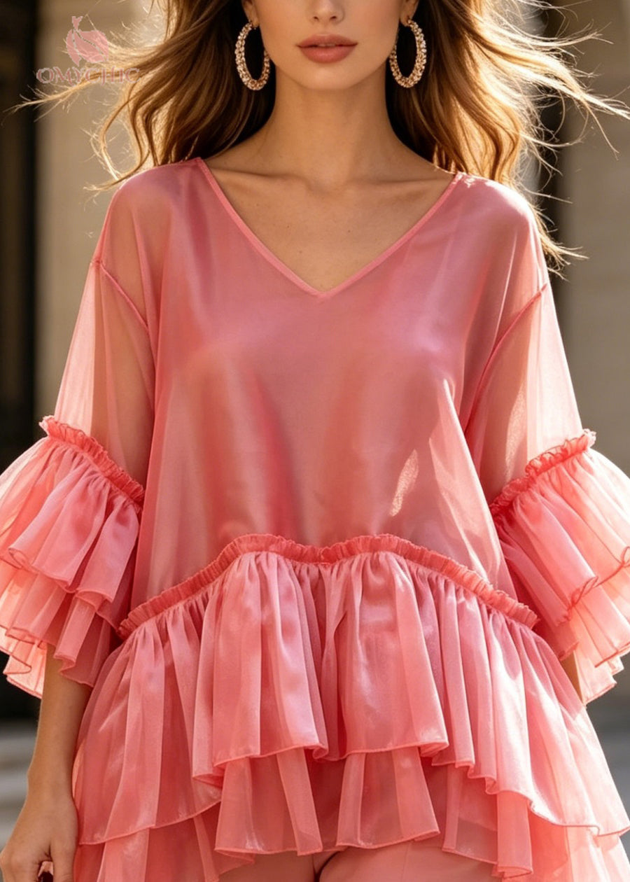 Loose Pink V Neck Layered Ruffled Patchwork Silk Top Summer