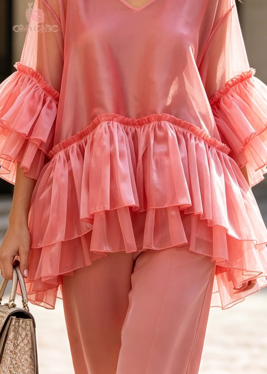 Loose Pink V Neck Layered Ruffled Patchwork Silk Top Summer
