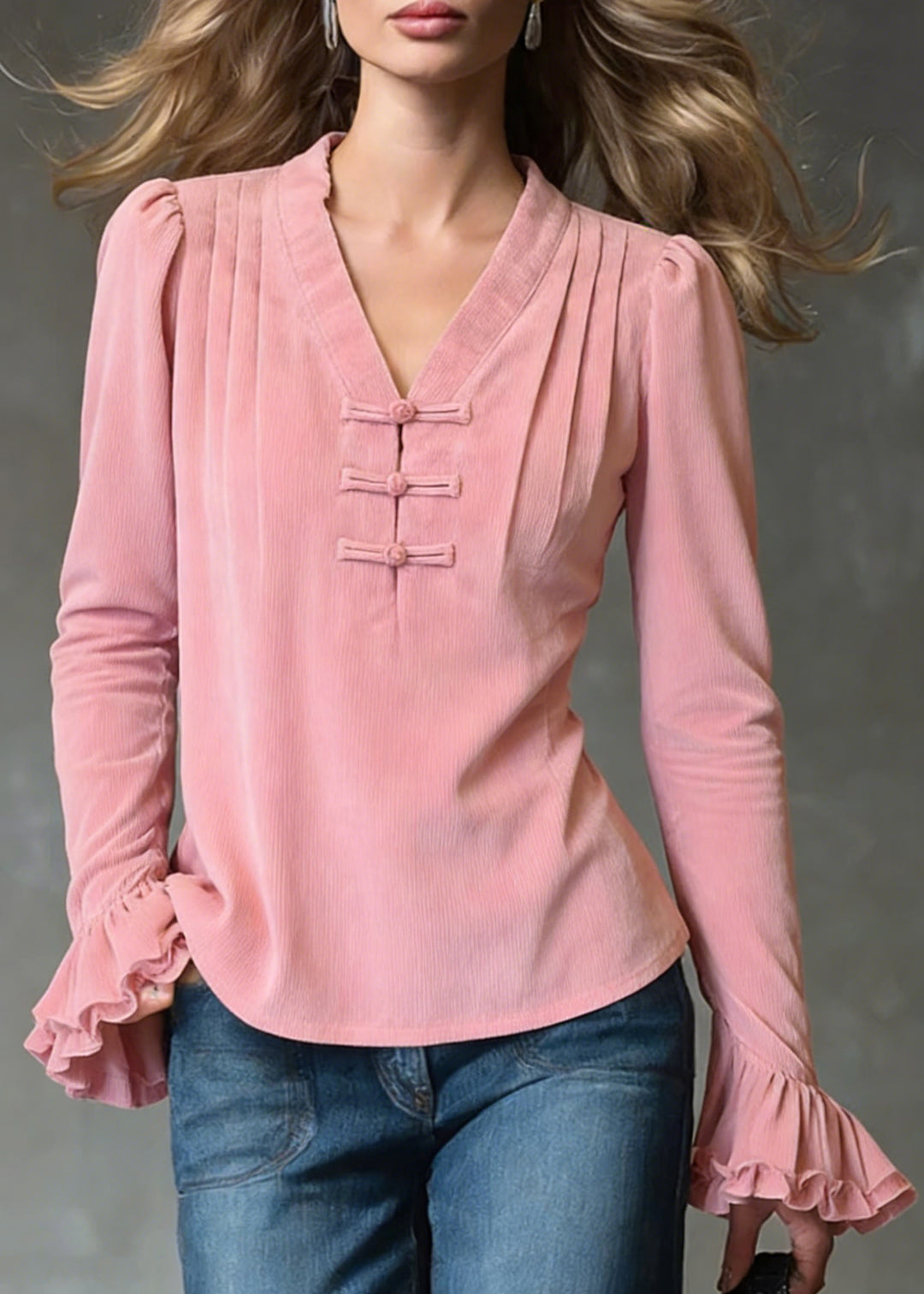 Loose Pink V Neck Ruffled Corduroy Shirts Flare Sleeve - Omychic