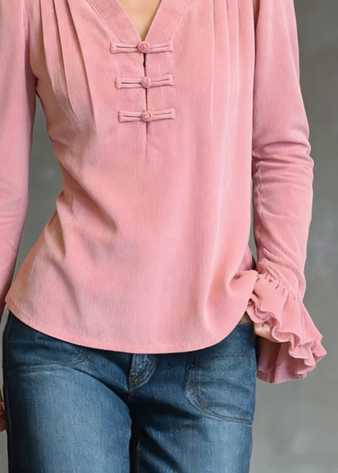 Loose Pink V Neck Ruffled Corduroy Shirts Flare Sleeve - Omychic
