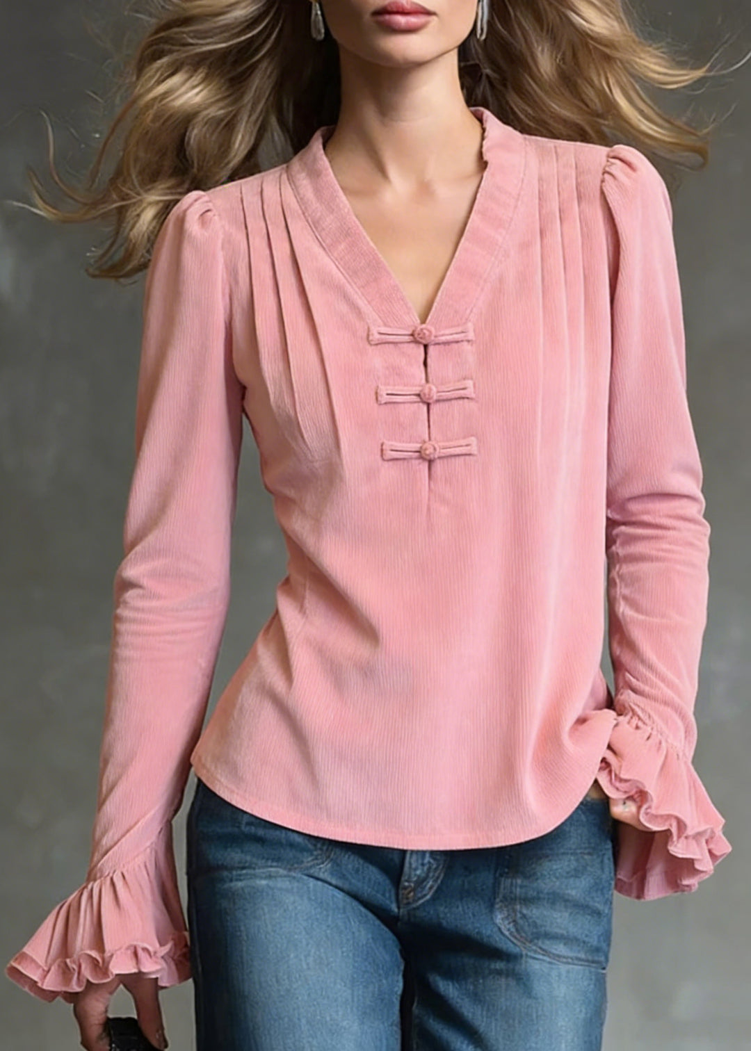Loose Pink V Neck Ruffled Corduroy Shirts Flare Sleeve - Omychic