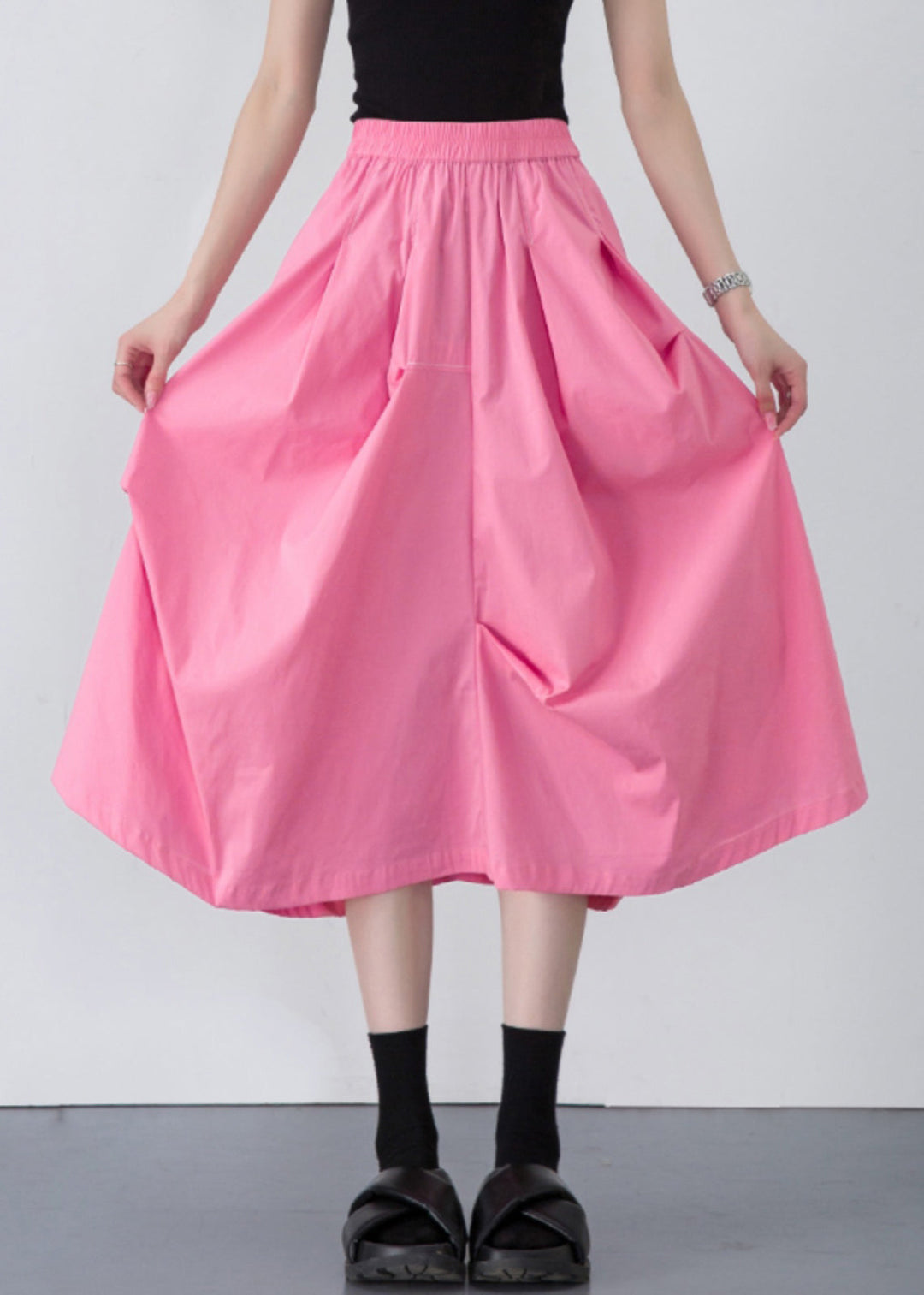 Loose Pink Wrinkled Pockets Solid Cotton Skirt Summer