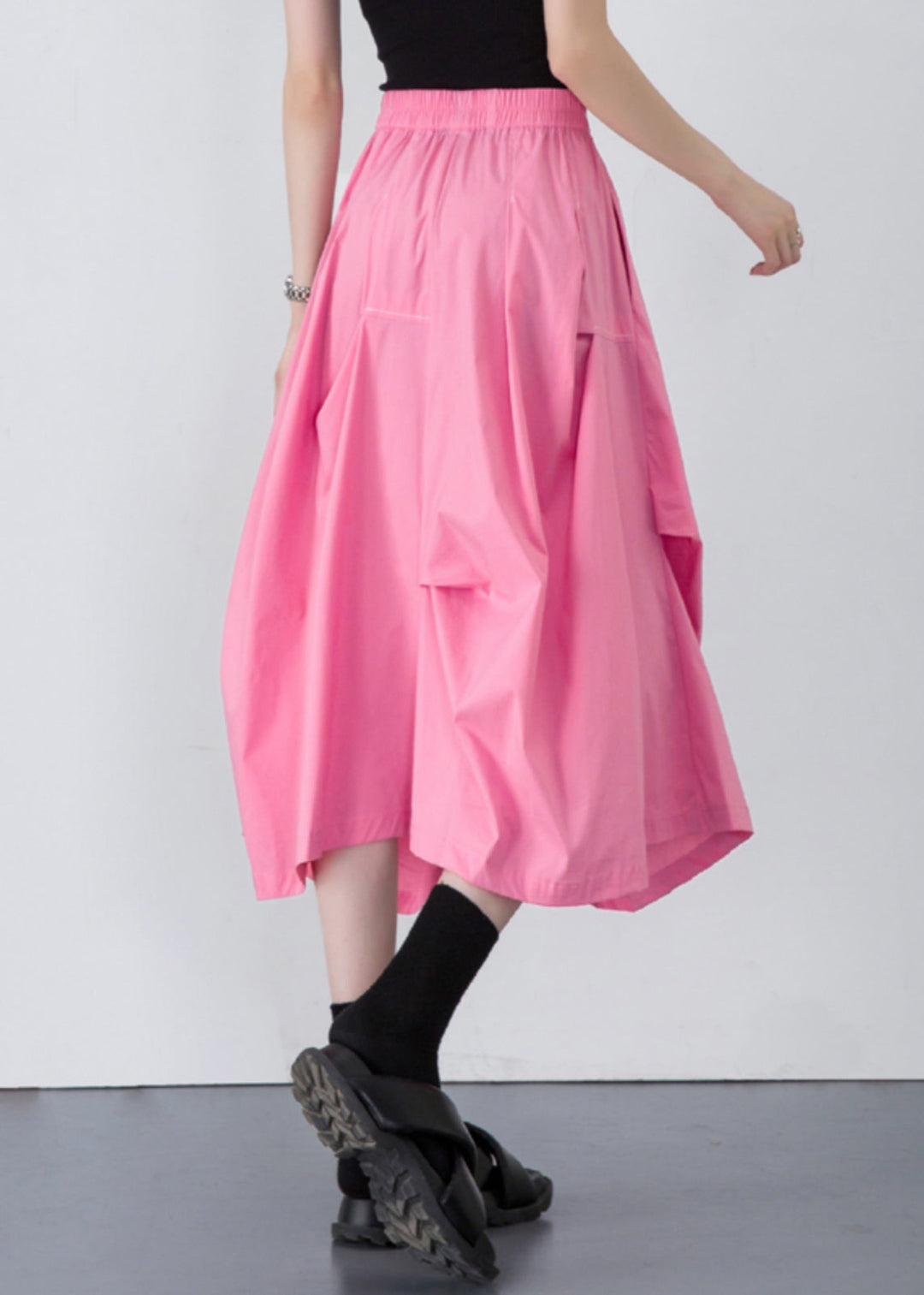 Loose Pink Wrinkled Pockets Solid Cotton Skirt Summer