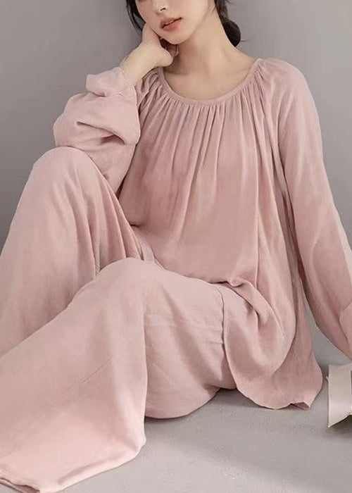 Loose Pink Wrinkled Solid Cotton Pajamas Two-Piece Set Fall