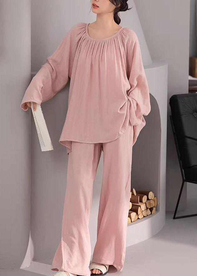 Loose Pink Wrinkled Solid Cotton Pajamas Two-Piece Set Fall