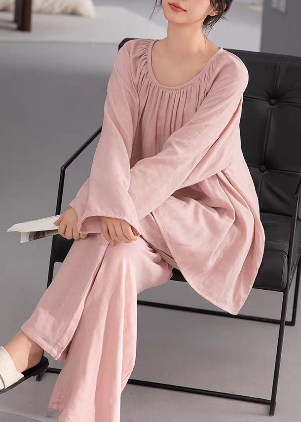Loose Pink Wrinkled Solid Cotton Pajamas Two-Piece Set Fall