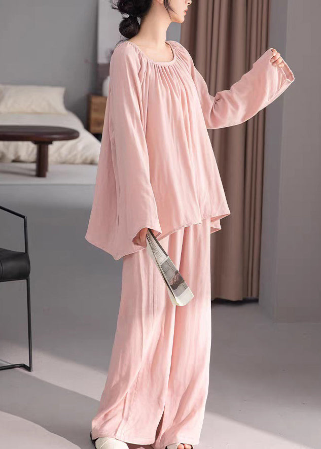 Loose Pink Wrinkled Solid Cotton Pajamas Two-Piece Set Fall