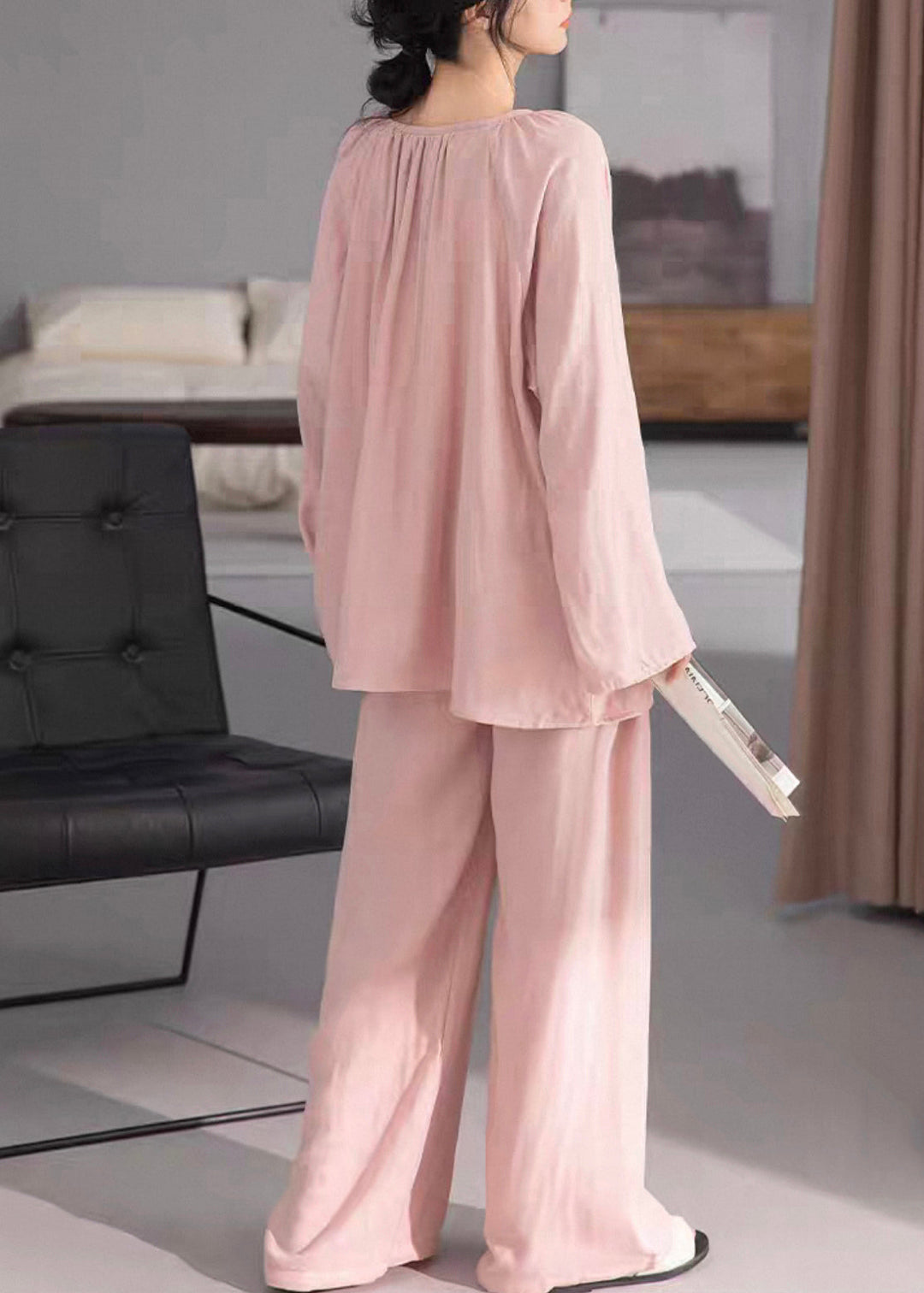 Loose Pink Wrinkled Solid Cotton Pajamas Two-Piece Set Fall