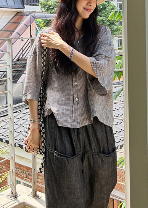 Loose Plaid Peter Pan Collar Button Cotton Shirts Bracelet Sleeve