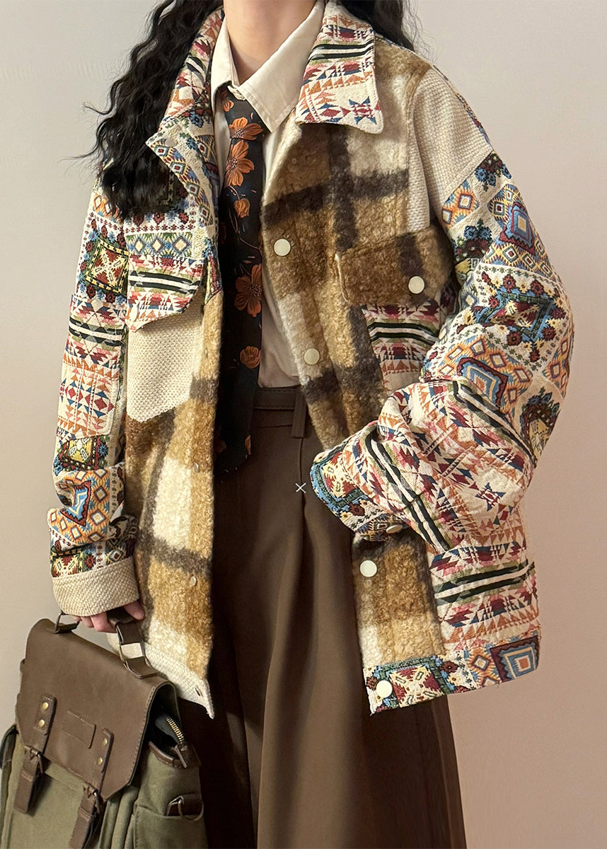 Loose Print Button Pockets Patchwork Cotton Coat Spring