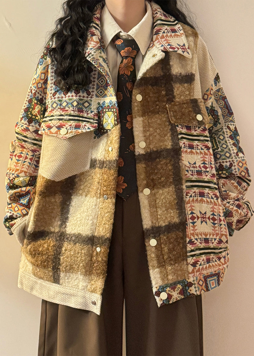 Loose Print Button Pockets Patchwork Cotton Coat Spring