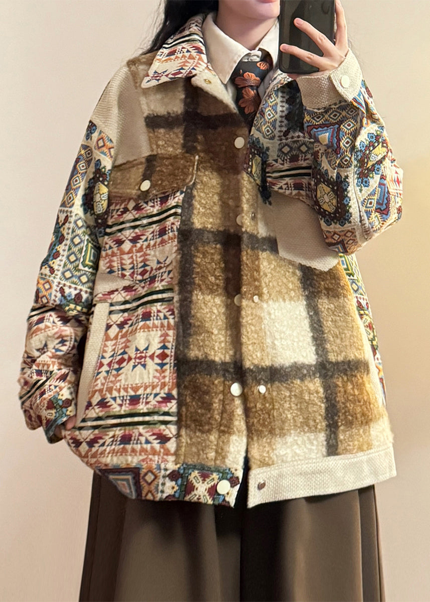 Loose Print Button Pockets Patchwork Cotton Coat Spring