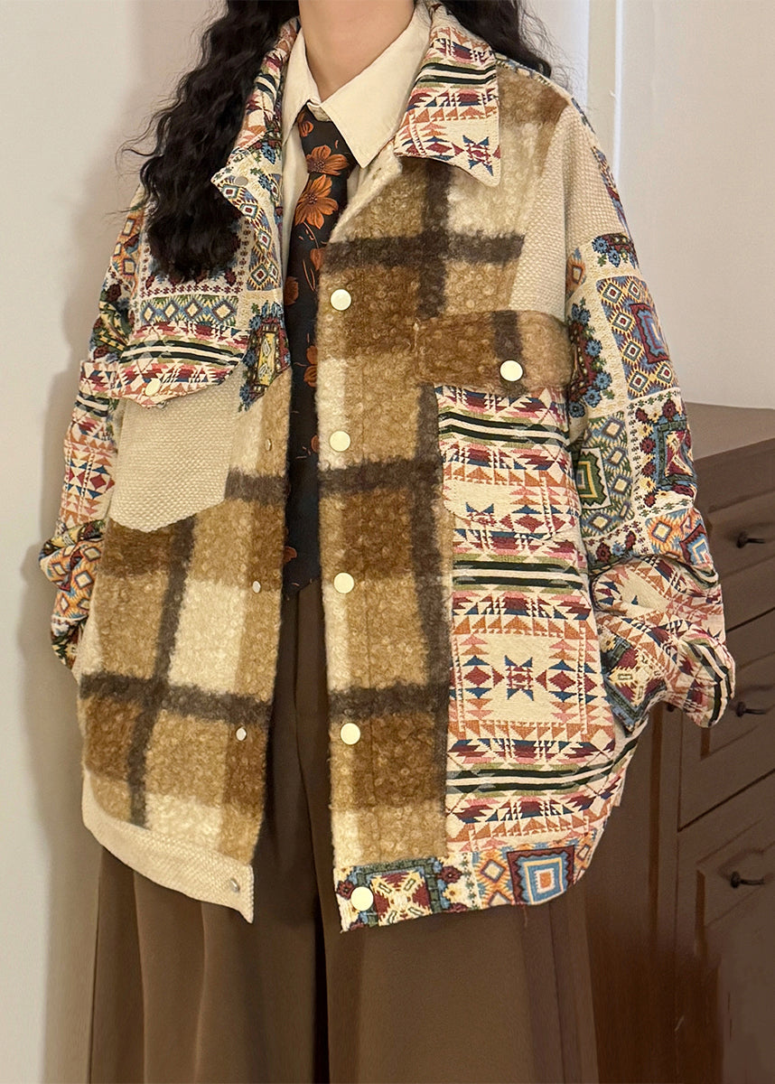 Loose Print Button Pockets Patchwork Cotton Coat Spring