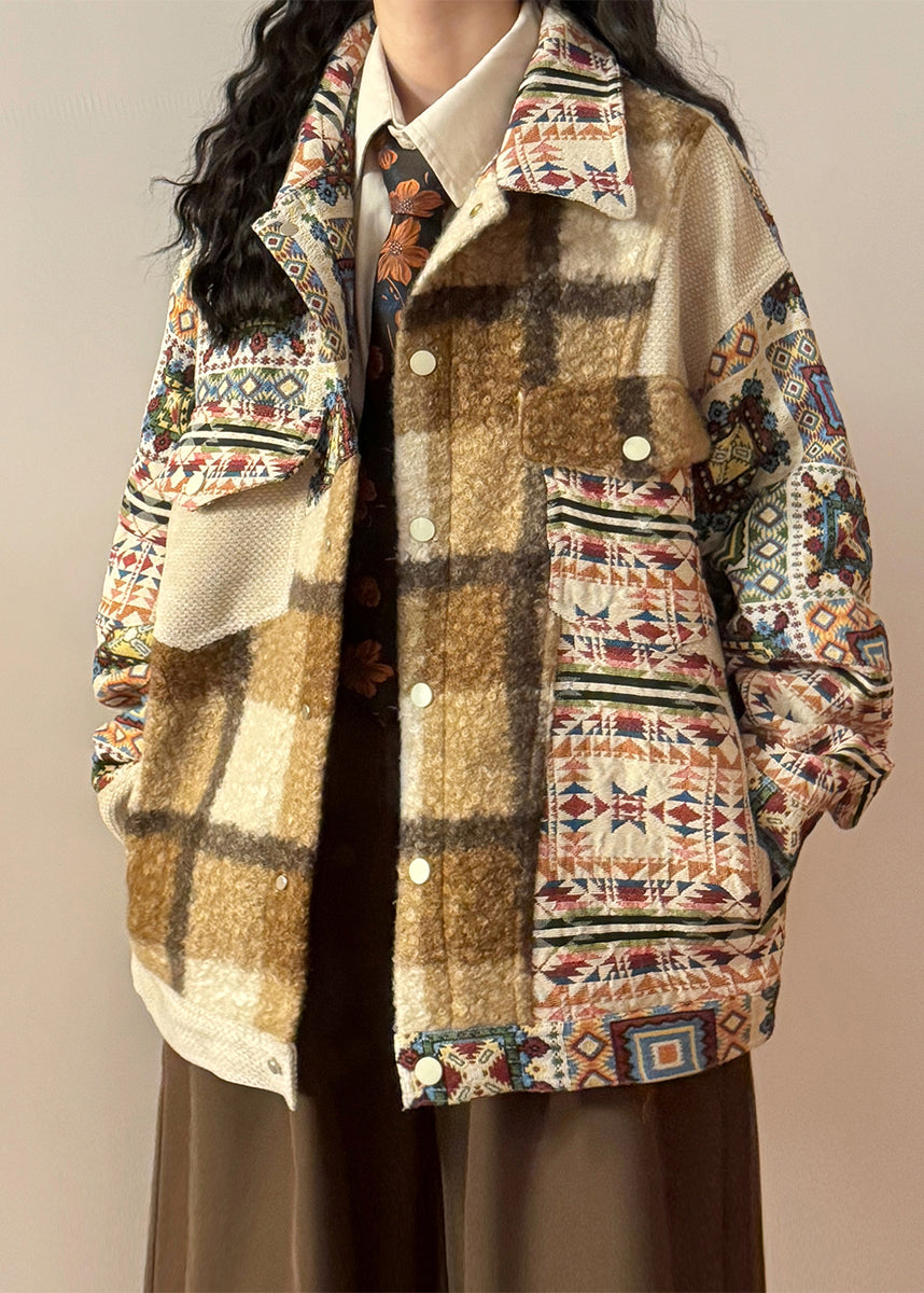 Loose Print Button Pockets Patchwork Cotton Coat Spring
