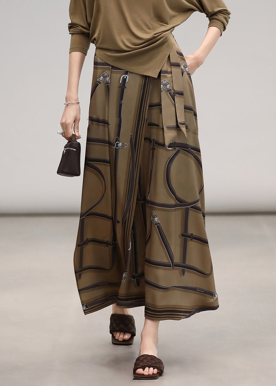 Loose Print Lace Up High Waist Silk Skirt Summer