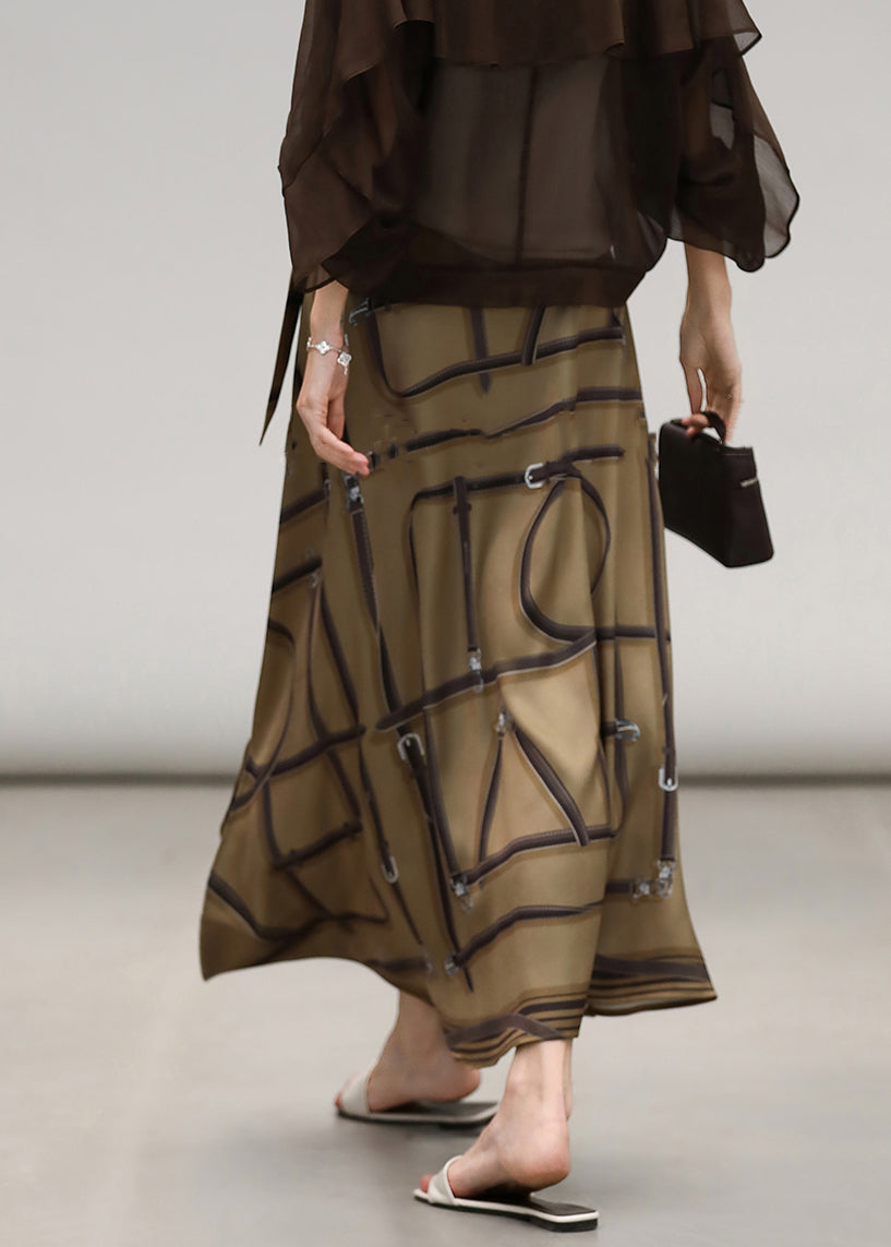 Loose Print Lace Up High Waist Silk Skirt Summer