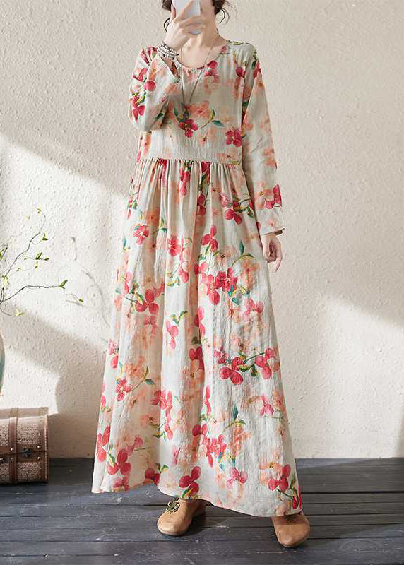 Loose Print Patchwork Wrinkled Maxi Dress Long Sleeve