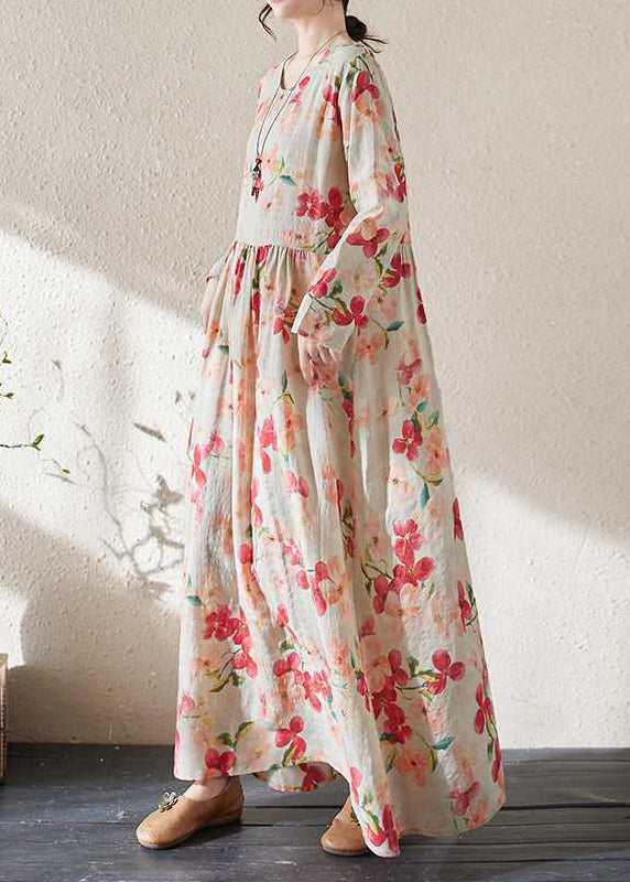 Loose Print Patchwork Wrinkled Maxi Dress Long Sleeve