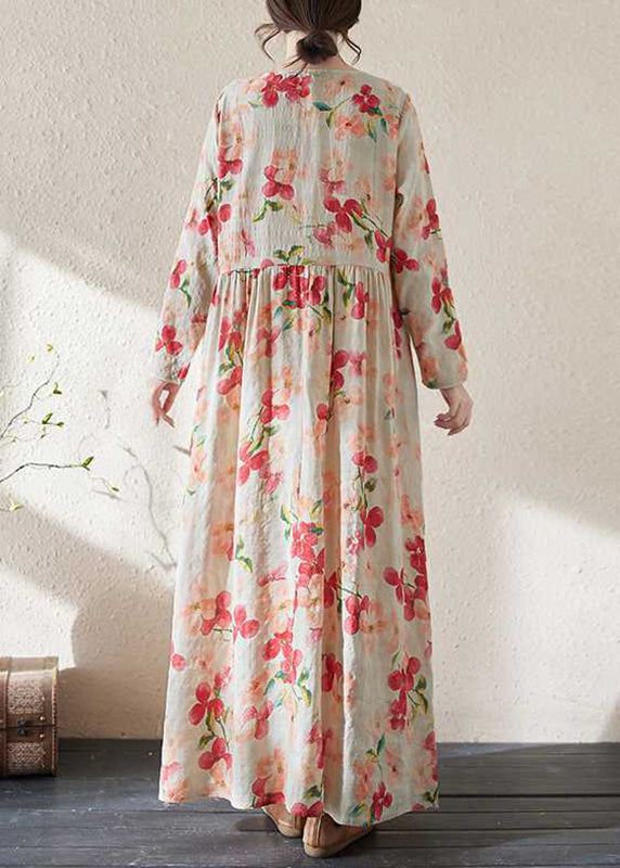 Loose Print Patchwork Wrinkled Maxi Dress Long Sleeve