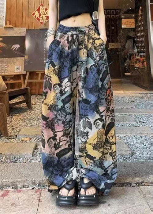 Loose Print Pockets Drawstring Cotton Pants Summer