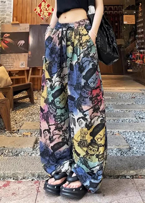 Loose Print Pockets Drawstring Cotton Pants Summer